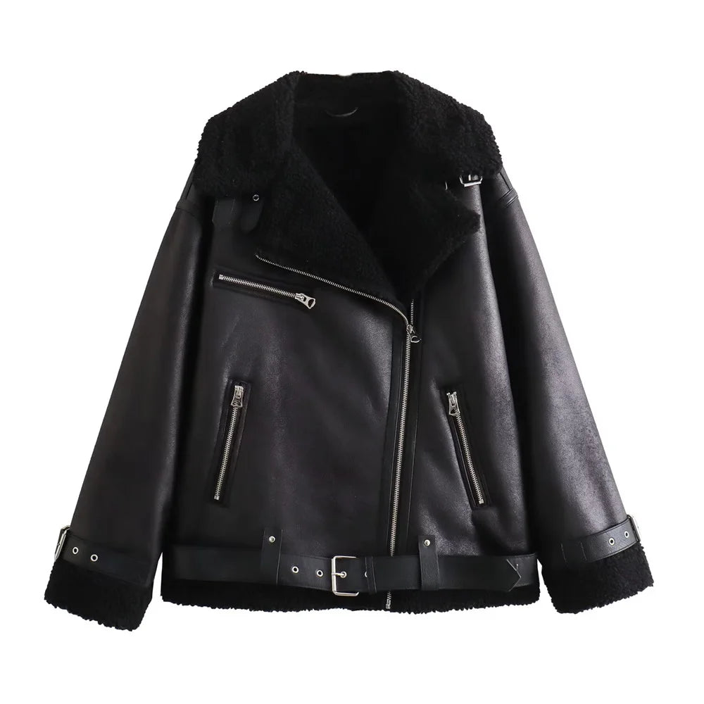 Autumn New Women'S European and American Style Loose Fashion with Belt Double Sided Collar Jacket Coat