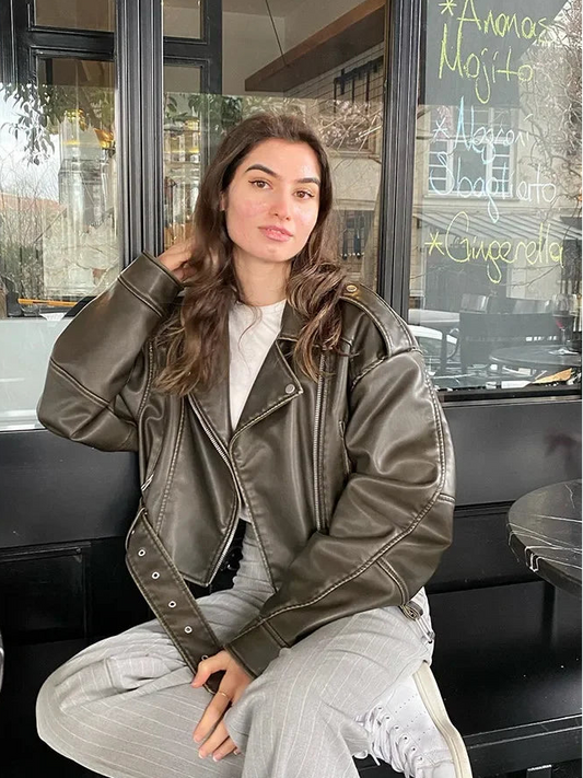 BBWM Women Oversized Vintage Loose Pu Faux Leather Short Jacket with Belt Streetwear Female Zipper Retro Moto Biker Coat Outwear