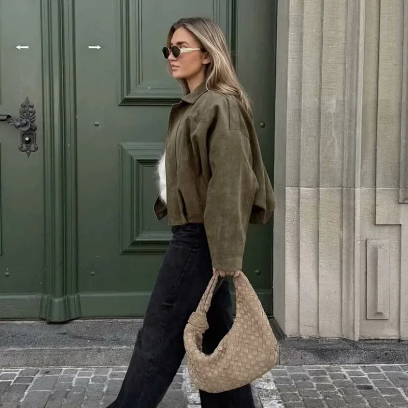 Women'S Bomber Jackets Coats Fashion Turn-Down Collar Long Sleeve Loose Coats Vintage Female Outerwear Chic Tops