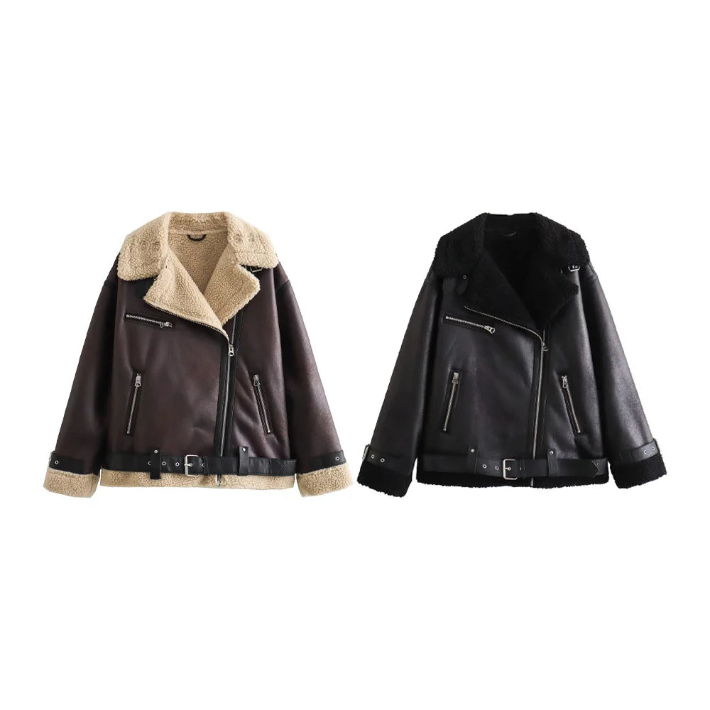 Autumn New Women'S European and American Style Loose Fashion with Belt Double Sided Collar Jacket Coat