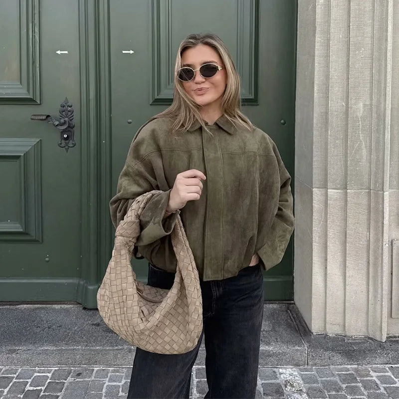 Women'S Bomber Jackets Coats Fashion Turn-Down Collar Long Sleeve Loose Coats Vintage Female Outerwear Chic Tops