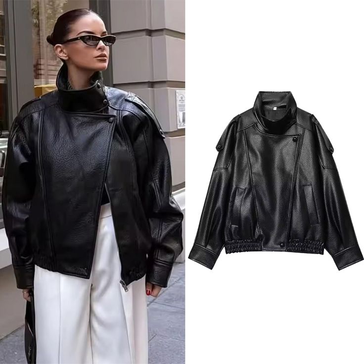 Women’s Oversized Black Leather Jacket – Casual Chic